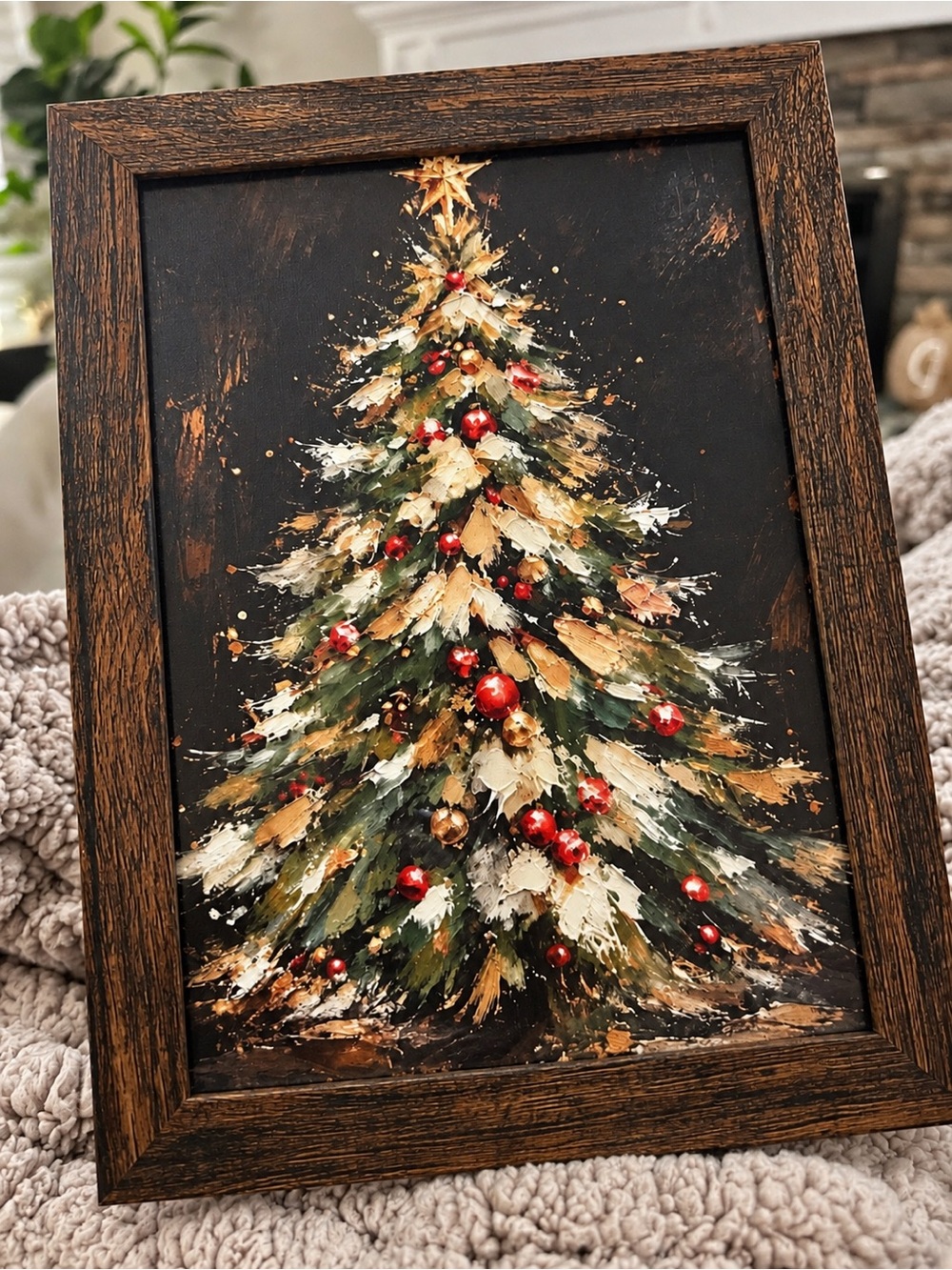 Framed Holiday Pine Tree Art Print in Green, Gold & Red